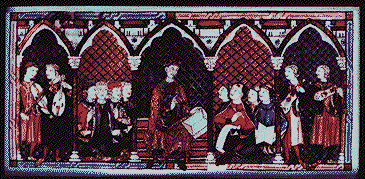 カンティガス巻頭の一曲 Prologoの挿画：アルフォンソ10世と楽士
